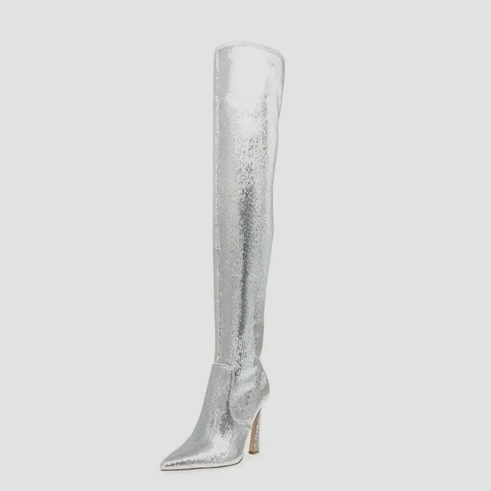 Steve Madden Women 5 M Silver Sequin Laddy Over The Knee Boots DISPLAY MR9